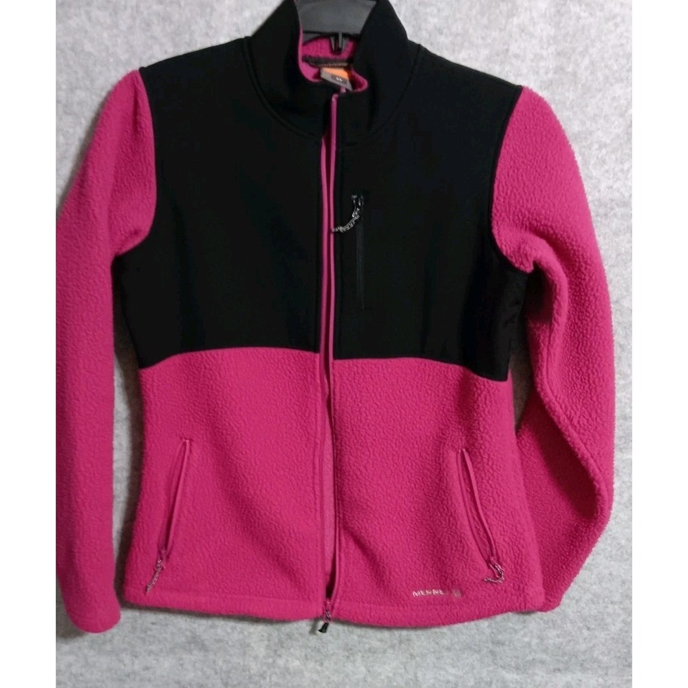 Merrell Women's Dark Pink Fleece Black Nylon Full Zip 3 Zip Pockets Clean EUC